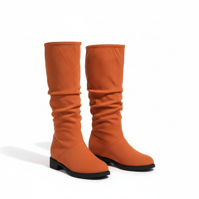 Women’s Knee High Boots - Low Block Heel and Fold Detail Shaft