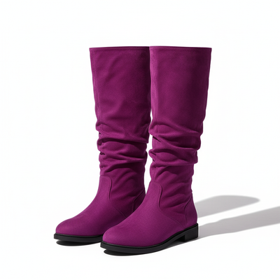 Women’s Knee High Boots - Low Block Heel and Fold Detail Shaft