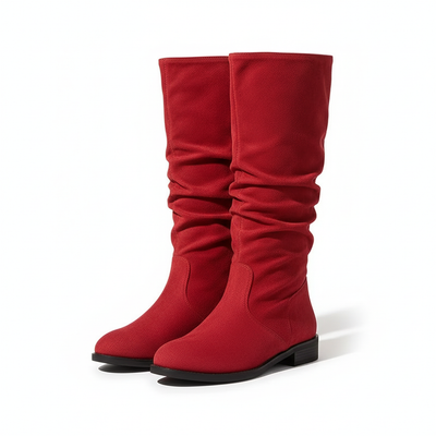 Women’s Knee High Boots - Low Block Heel and Fold Detail Shaft