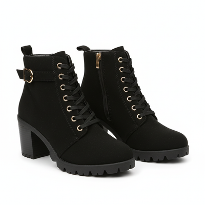 Women’s Lace-Up Ankle Boots - Block Heel, Side Zip and Buckle Detail