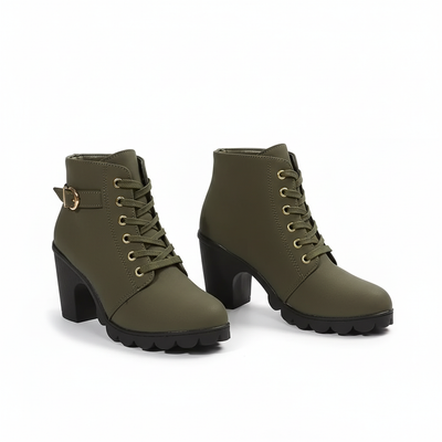 Women’s Lace-Up Ankle Boots - Block Heel, Side Zip and Buckle Detail