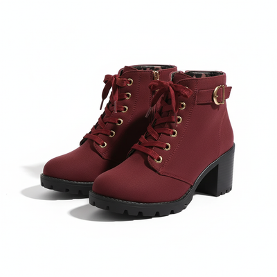 Women’s Lace-Up Ankle Boots - Block Heel, Side Zip and Buckle Detail