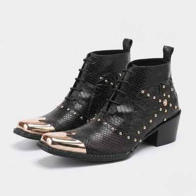 Men Western Cowboy Boots – Cowhide Ankle Boots with Serpentine Print and Metal Detail