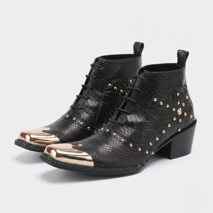 Men Western Cowboy Boots – Cowhide Ankle Boots with Serpentine Print and Metal Detail