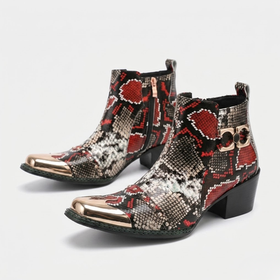 Men Western Cowboy Boots – Cowhide Ankle Boots with Serpentine Print and Metal Detail