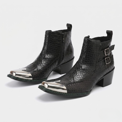 Men Western Cowboy Boots – Cowhide Ankle Boots with Serpentine Print and Metal Detail
