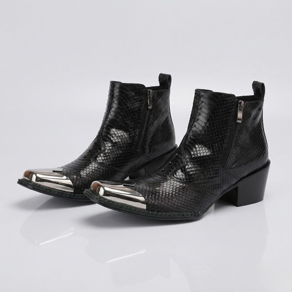 Men Western Cowboy Boots – Cowhide Ankle Boots with Serpentine Print and Metal Detail
