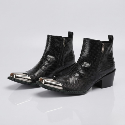 Men Western Cowboy Boots – Cowhide Ankle Boots with Serpentine Print and Metal Detail
