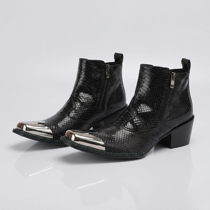 Men Western Cowboy Boots – Cowhide Ankle Boots with Serpentine Print and Metal Detail