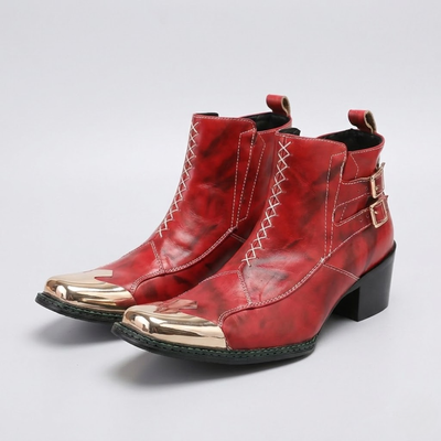 Men Western Cowboy Boots – Cowhide Ankle Boots with Serpentine Print and Metal Detail
