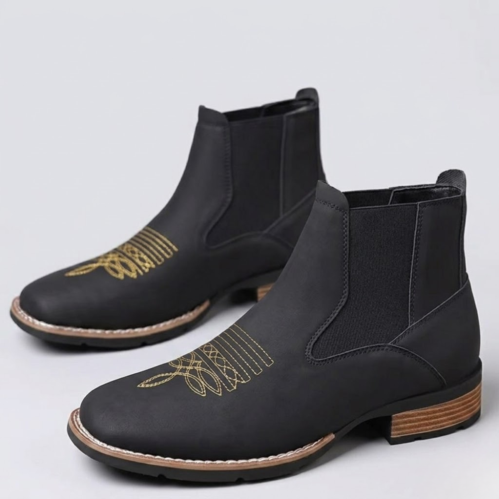 Men Western Cowboy Boots – Leather Retro Ankle Boots with Embroidery