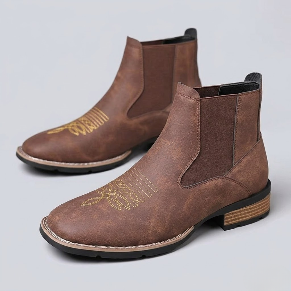Men Western Cowboy Boots – Leather Retro Ankle Boots with Embroidery