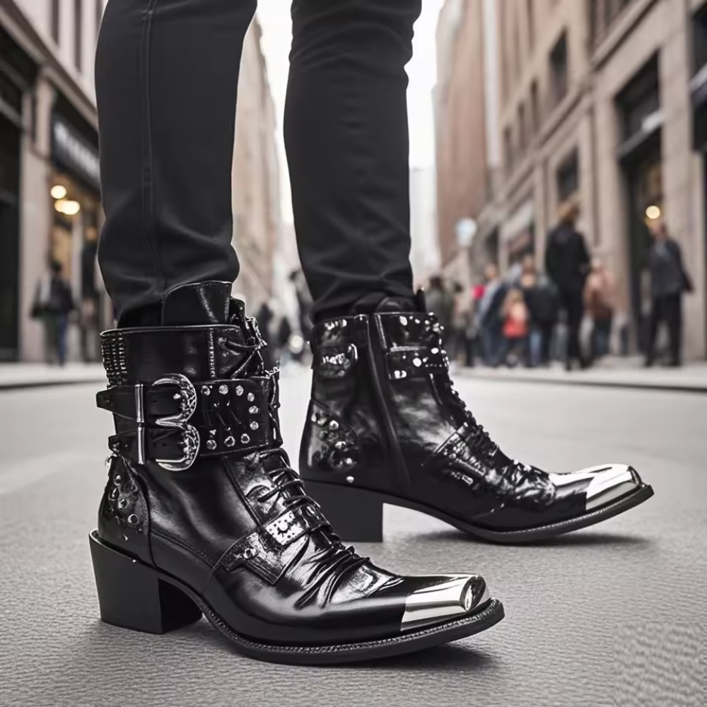 Men Western Cowboy Boots – Cowhide Ankle Boots with Serpentine Print and Metal Detail