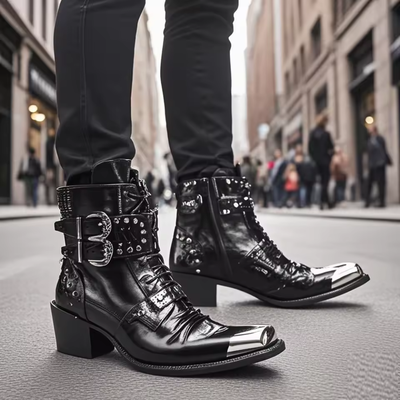 Men Western Cowboy Boots – Cowhide Ankle Boots with Serpentine Print and Metal Detail