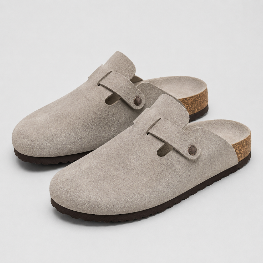 Men's Closed Toe Suede Leather Mule Clogs with Cork Footbed Slip-On Slippers