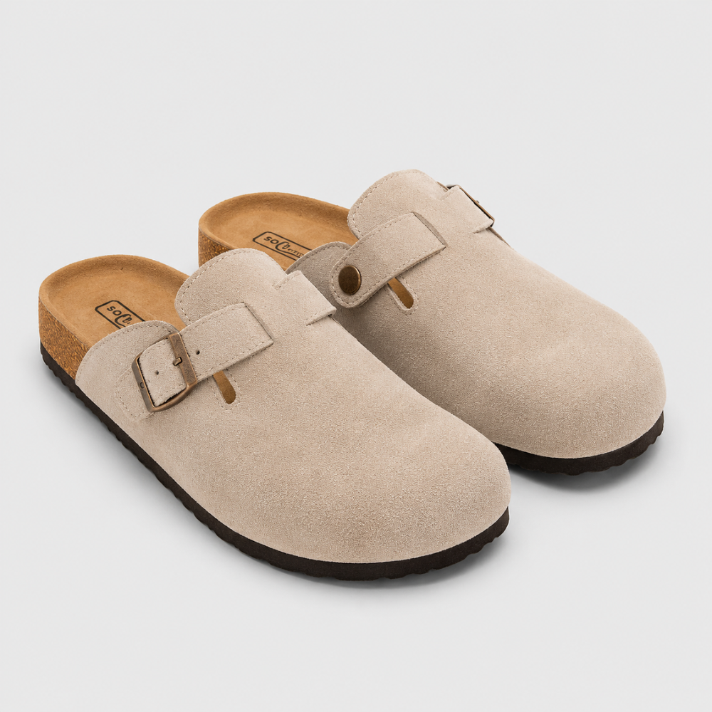 Men's Closed Toe Suede Leather Mule Clogs with Cork Footbed Slip-On Slippers