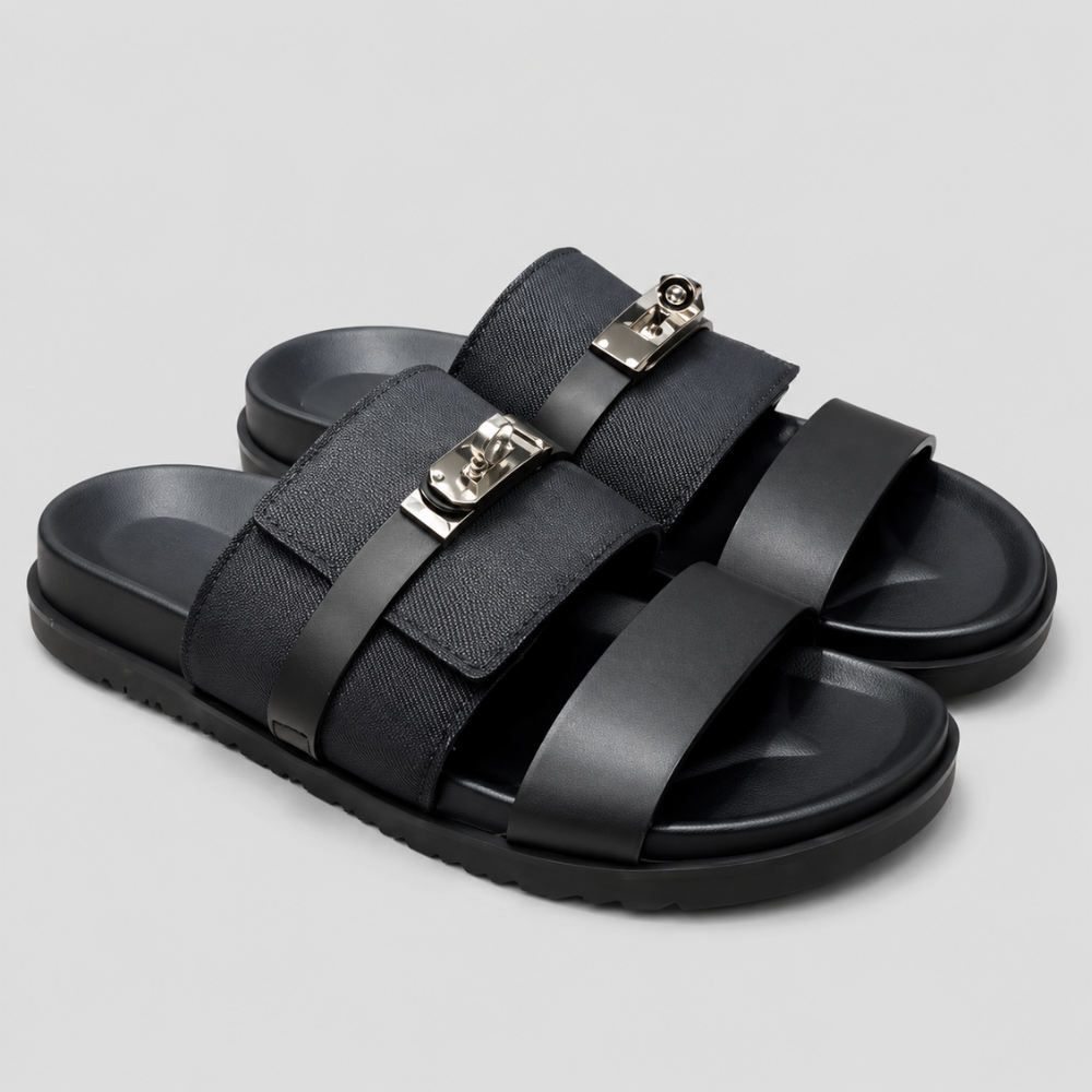 Men’s Double Strap Slide Sandals – Buckle Comfort Slippers for Indoor & Outdoor Wear