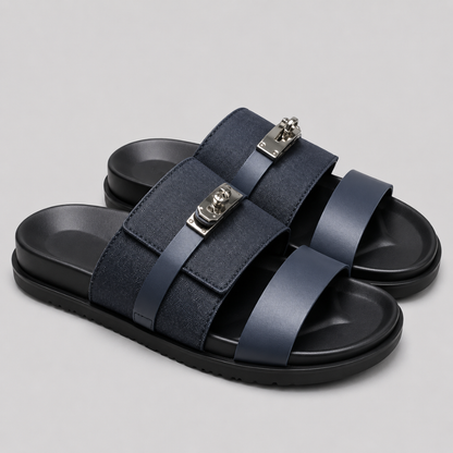 Men’s Double Strap Slide Sandals – Buckle Comfort Slippers for Indoor & Outdoor Wear