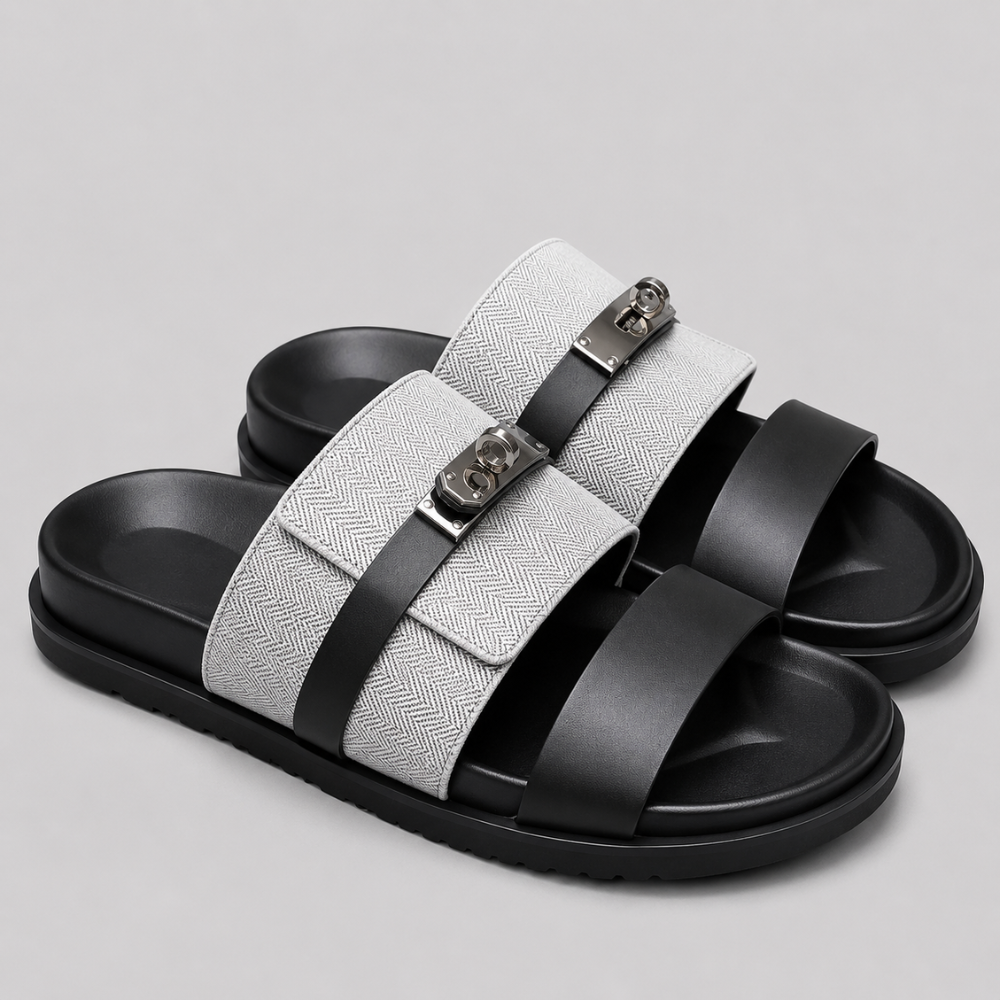 Men’s Double Strap Slide Sandals – Buckle Comfort Slippers for Indoor & Outdoor Wear