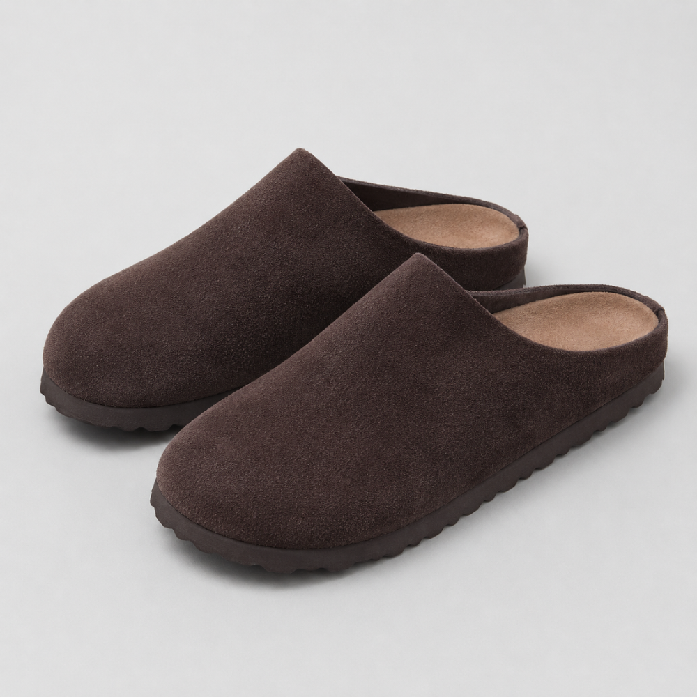 Men's Leather Cork Footbed Clogs with Arch Support Design Slip-On Mule Slippers