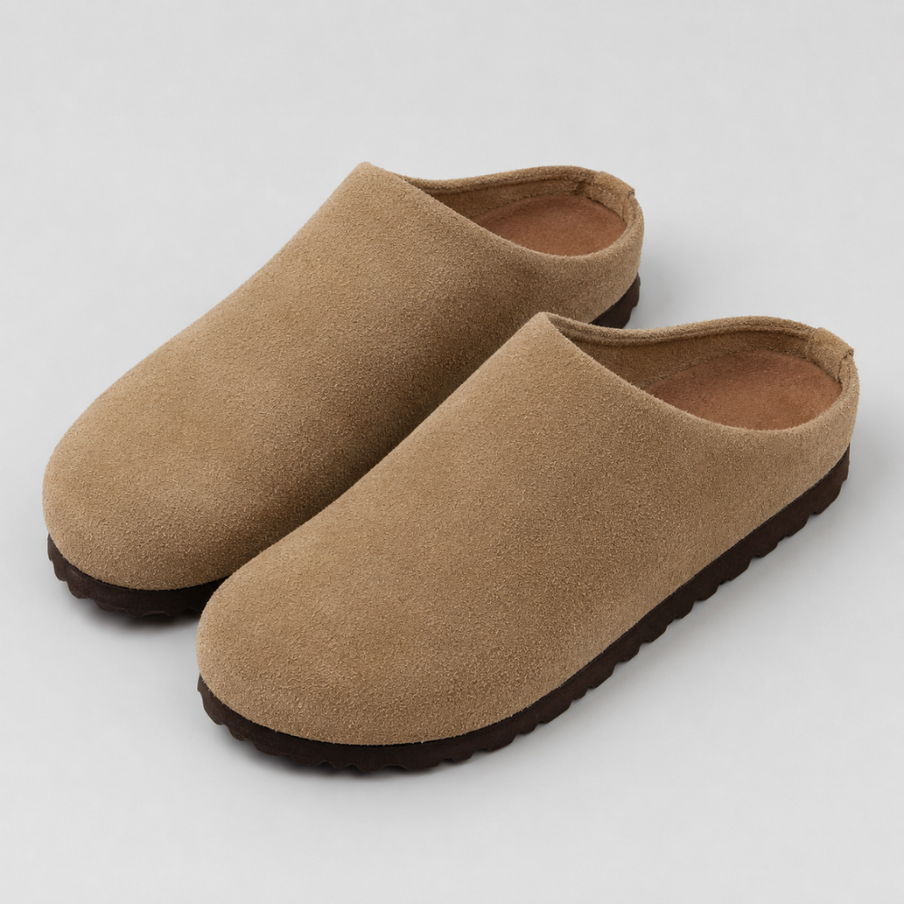 Men's Leather Cork Footbed Clogs with Arch Support Design Slip-On Mule Slippers