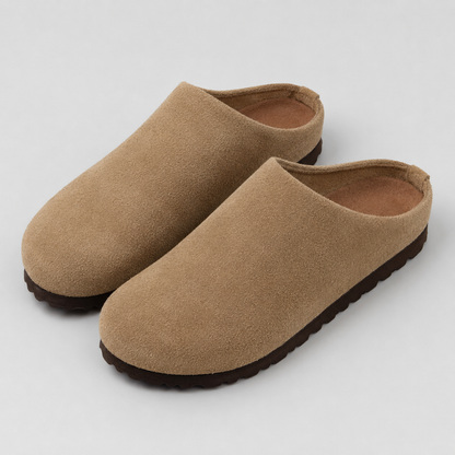 Men's Leather Cork Footbed Clogs with Arch Support Design Slip-On Mule Slippers