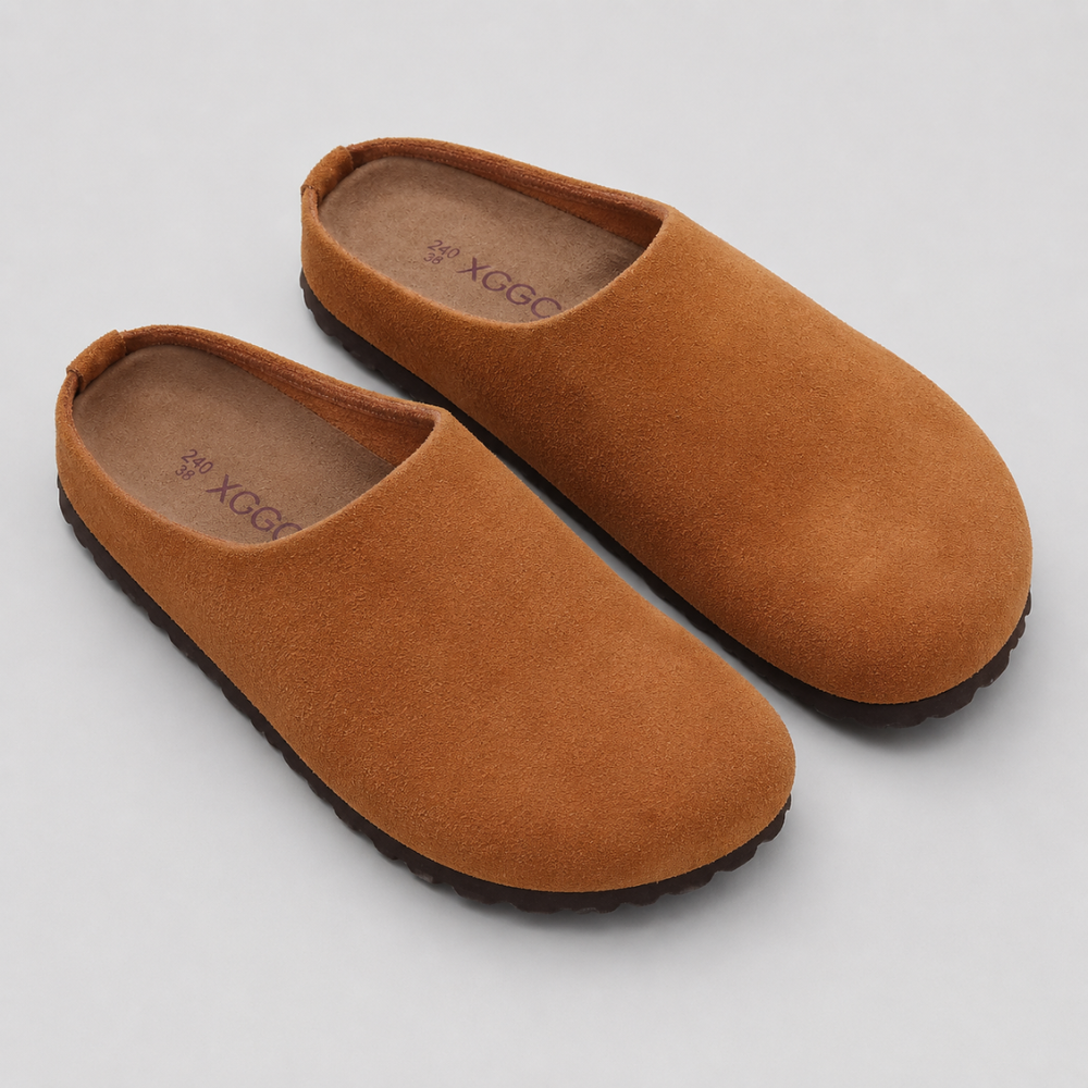 Men's Leather Cork Footbed Clogs with Arch Support Design Slip-On Mule Slippers