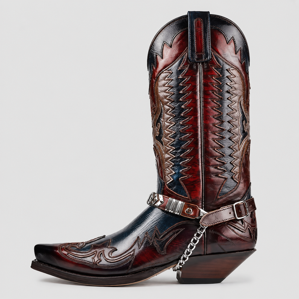 Mens Western Cowboy Boots - Embroidered Pointed Toe Leather Boots
