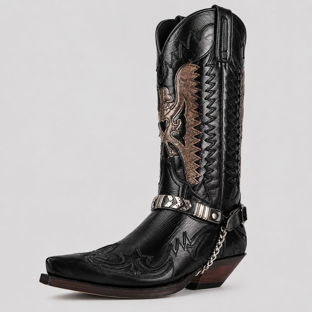 Mens Western Cowboy Boots - Embroidered Pointed Toe Leather Boots