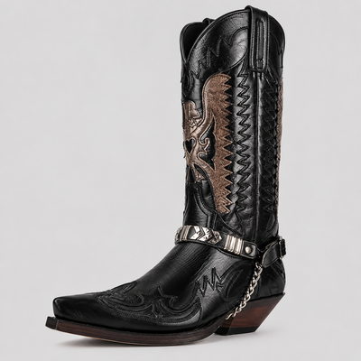 Mens Western Cowboy Boots - Embroidered Pointed Toe Leather Boots