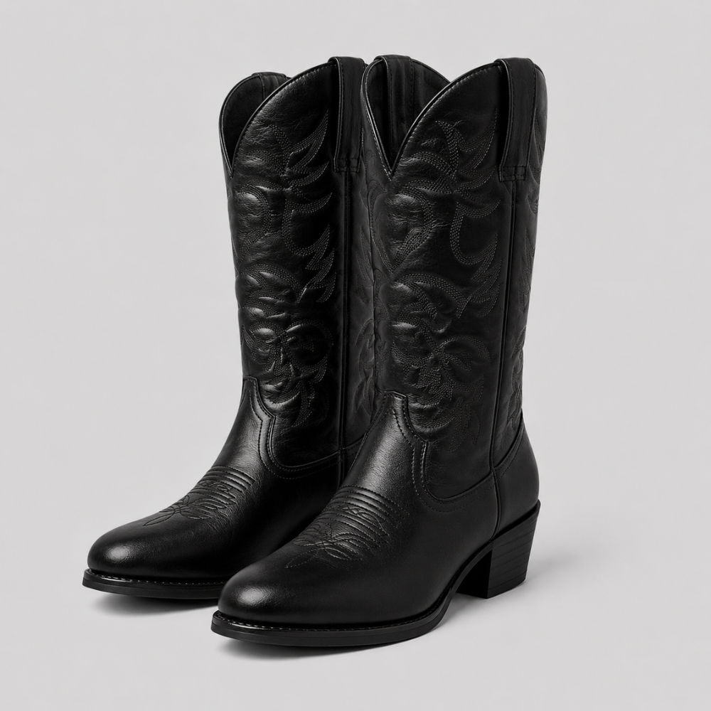 Mens Western Cowboy Boots Mid Calf PU Leather Style