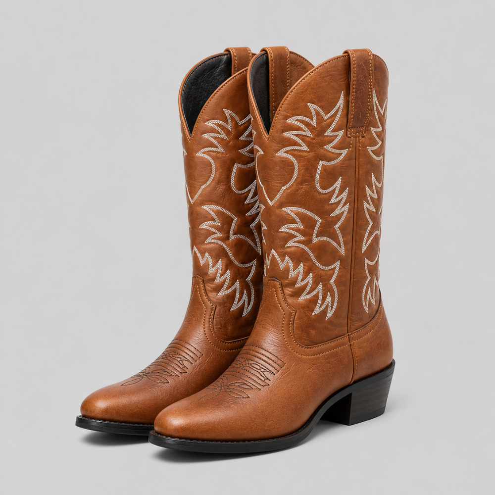 Mens Western Cowboy Boots Mid Calf PU Leather Style