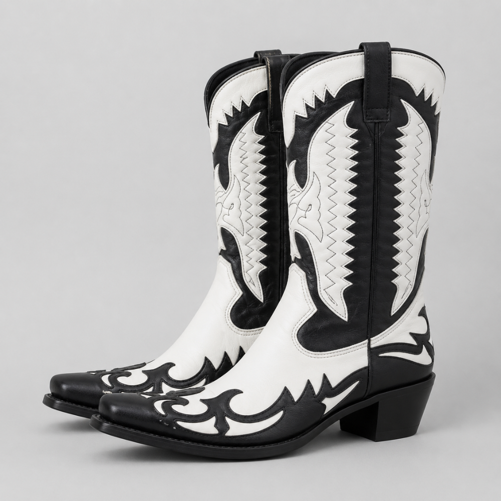 Mens Western Cowboy Boots – Leather Mid-Heel Motorcycle Ankle Boots
