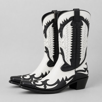 Mens Western Cowboy Boots – Leather Mid-Heel Motorcycle Ankle Boots