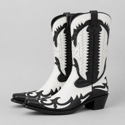 Mens Western Cowboy Boots – Leather Mid-Heel Motorcycle Ankle Boots