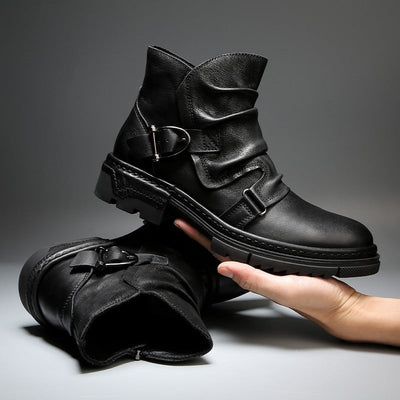 Men’s Biker Motorcycle Boots - Buckle Strap Ankle Boots with Metal Detail