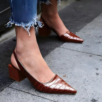 Women’s Croc Effect Slingback Shoes - Pointed Toe and Block Heel