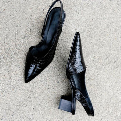 Women’s Croc Effect Slingback Shoes - Pointed Toe and Block Heel