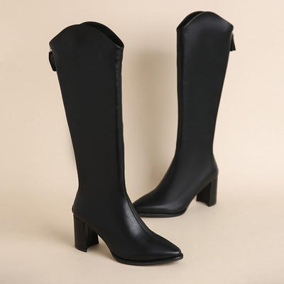 Women’s Knee High Block Heel Boots - Pointed Toe Zip Boots