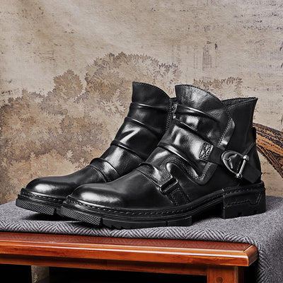 Men’s Biker Motorcycle Boots - Buckle Strap Ankle Boots with Metal Detail