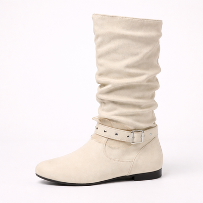 Women's Mid Calf Buckle Boots – Round Toe Zip Slouchy Casual Boots