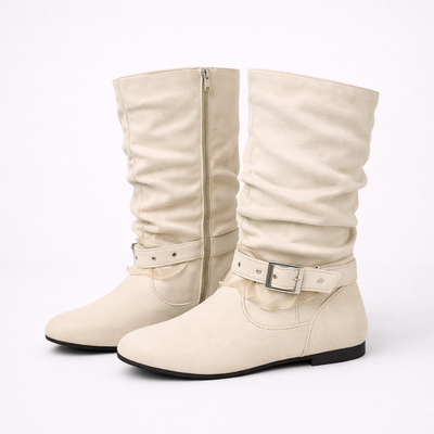 Women's Mid Calf Buckle Boots – Round Toe Zip Slouchy Casual Boots