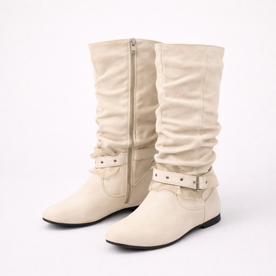 Women's Mid Calf Buckle Boots – Round Toe Zip Slouchy Casual Boots