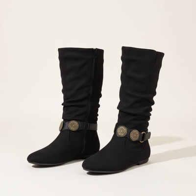 Women's Mid Calf Buckle Boots – Round Toe Flat Sole Casual Boots