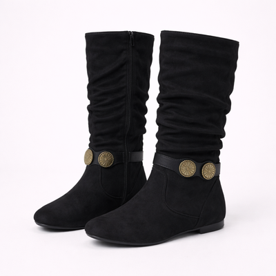 Women's Mid Calf Buckle Boots – Round Toe Flat Sole Casual Boots