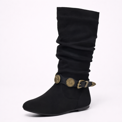 Women's Mid Calf Buckle Boots – Round Toe Flat Sole Casual Boots
