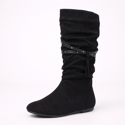 Women's Mid Calf Tassel Boots – Round Toe Studded Zip Casual Boots