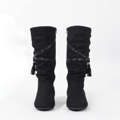 Women's Mid Calf Tassel Boots – Round Toe Studded Zip Casual Boots