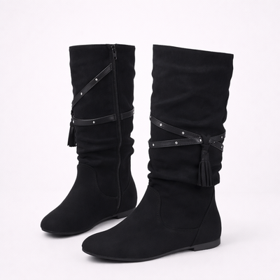 Women's Mid Calf Tassel Boots – Round Toe Studded Zip Casual Boots