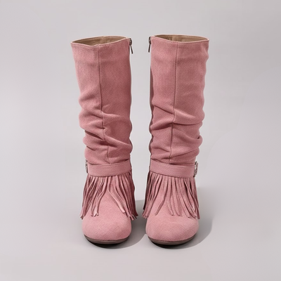 Women's Mid Calf Fringe Boots – Round Toe Buckle Zip Casual Boots